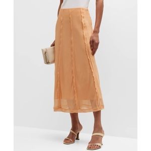 Vince Orange Sheer Crinkle Lettuce Edge Midi Skirt